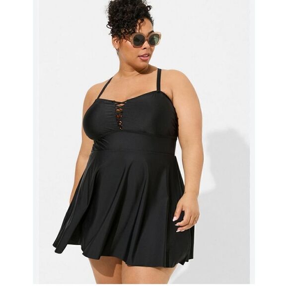 Plus size 1,1xl 14/16 sexy lattice front black swim dress bathing suit - Picture 2 of 9